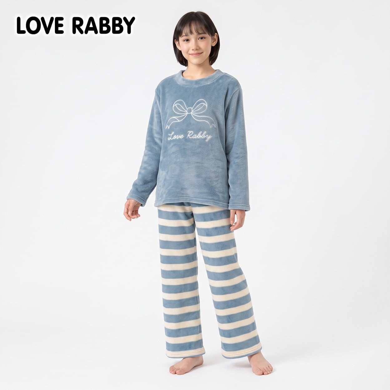 LOVERABBY(ラブラビ) フリースシャギーリボン刺しゅうパジャマ キッズ 女の子 140cm-160cm(ブルー-140cm)