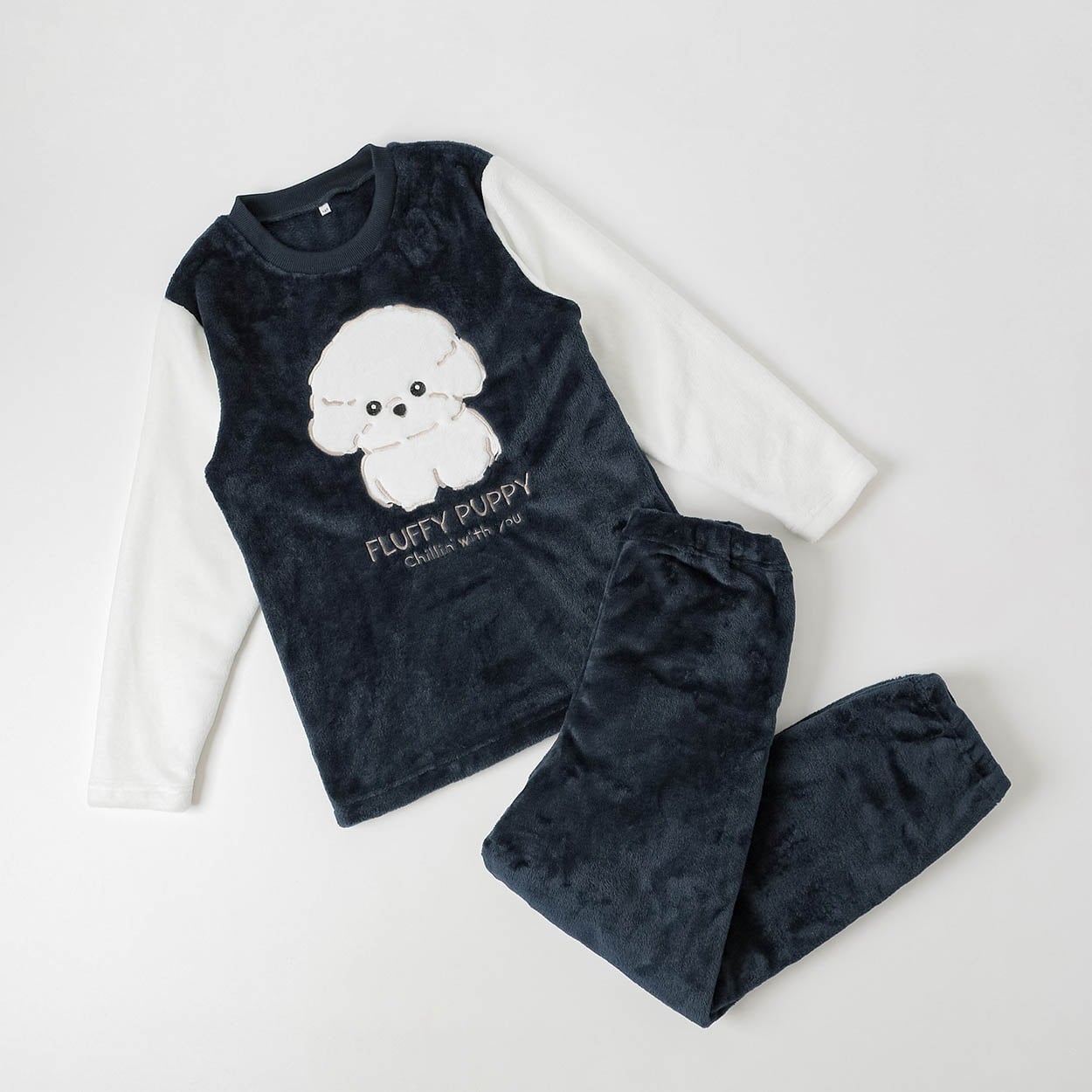 ビションフリーゼ柄 フリースパジャマ キッズ 女の子 140cm-160cm(ネイビー-160cm)