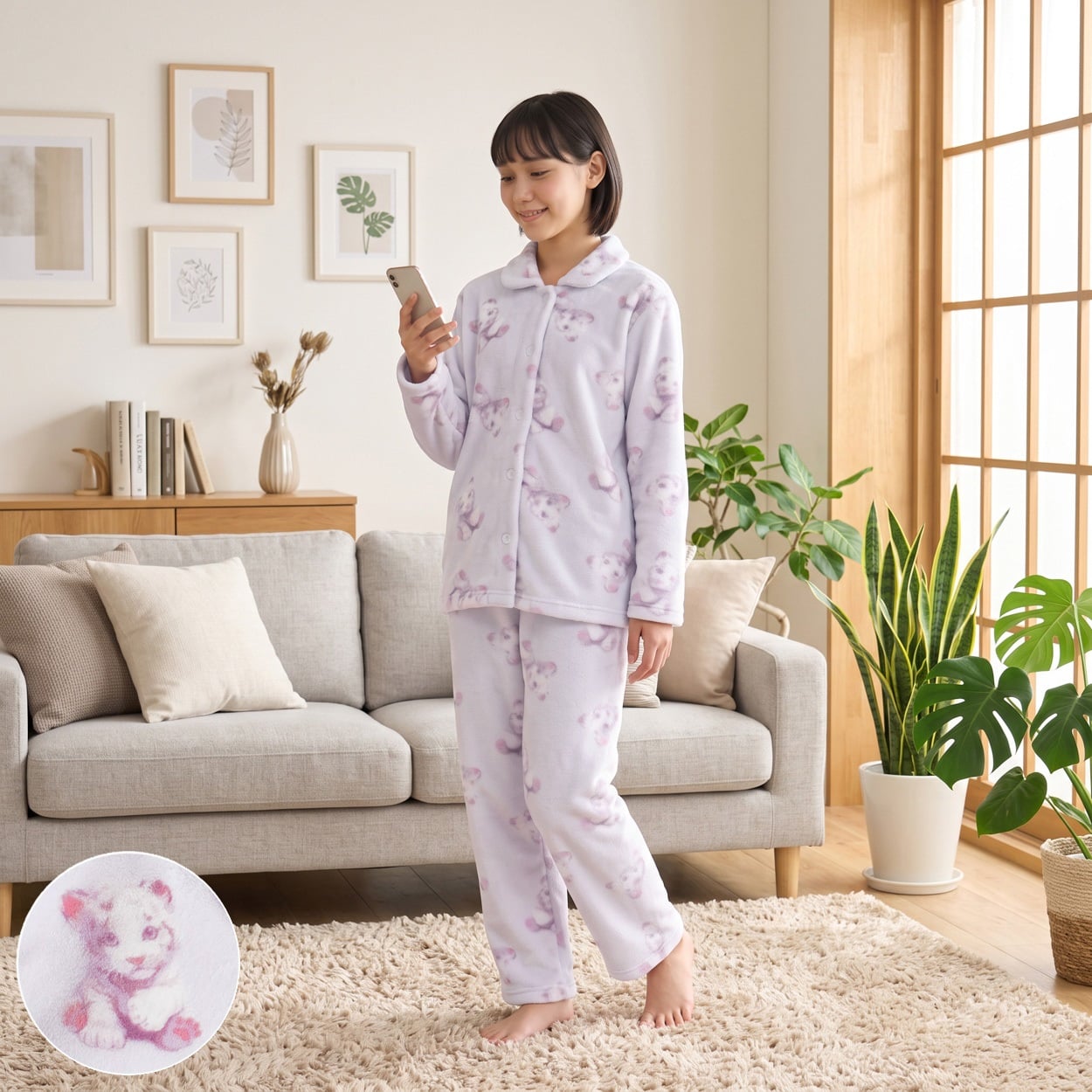 【予約10/19㊊～】ホワイトタイガー柄 フリースパジャマ キッズ 120cm-170cm(ホワイトタイガー-140cm)