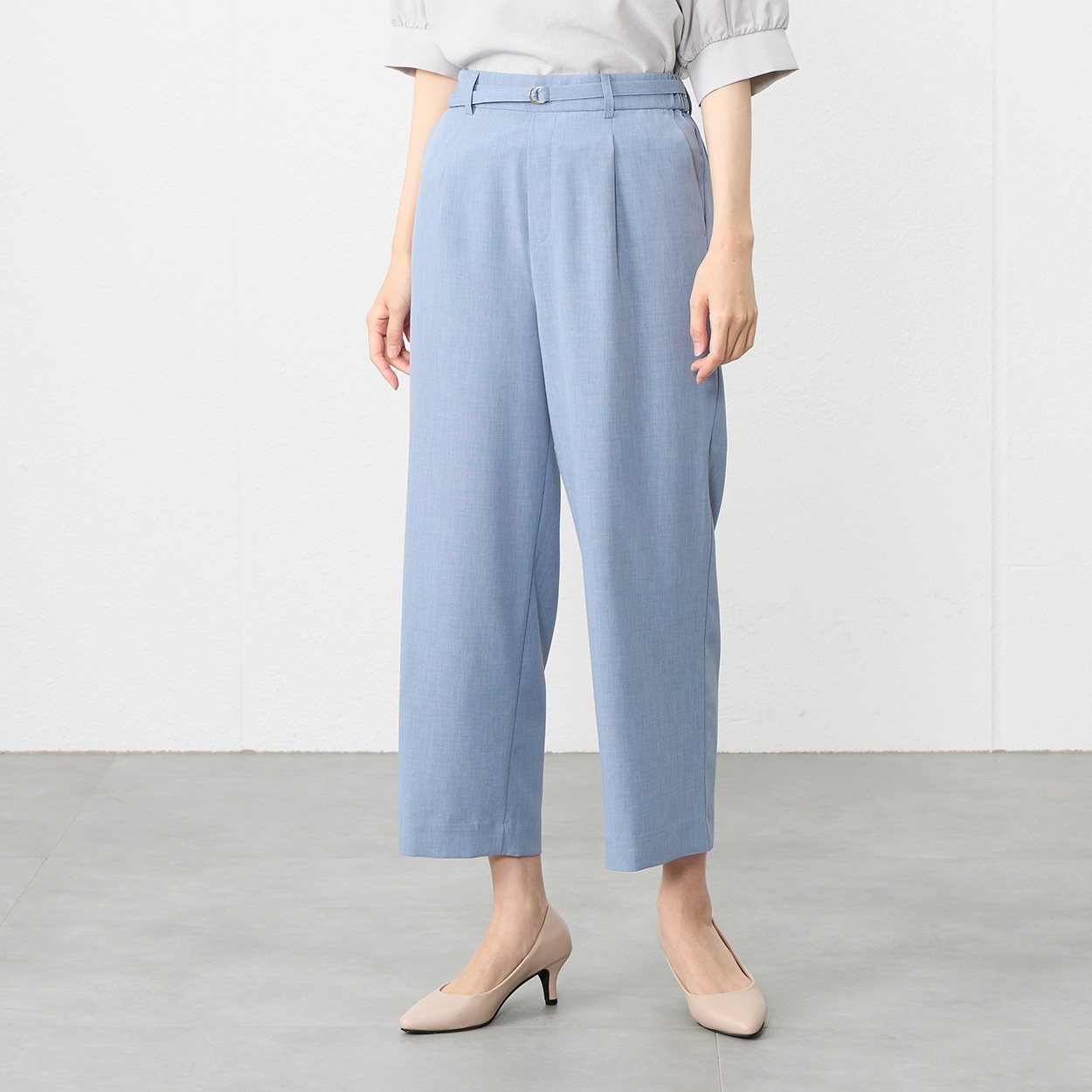 高通気ベルト付き麻調ワイドパンツ レディス ESSEME(エシーム)(ウスアオ-XL)