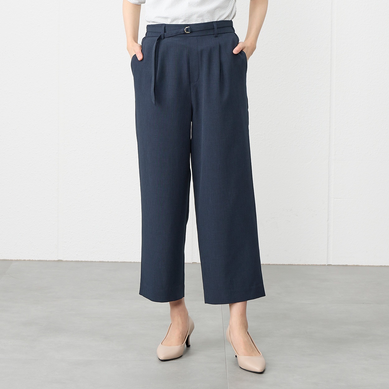 高通気ベルト付き麻調ワイドパンツ レディス ESSEME(エシーム)(コイアオ-XL)