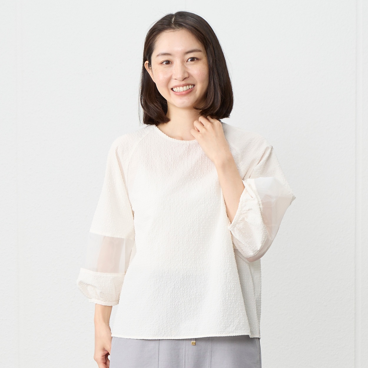 おあさ。ESSEMEカットソー。サイズL。 袖オーガンジー切替サッカーTブラウス レディス ESSEME(エシーム