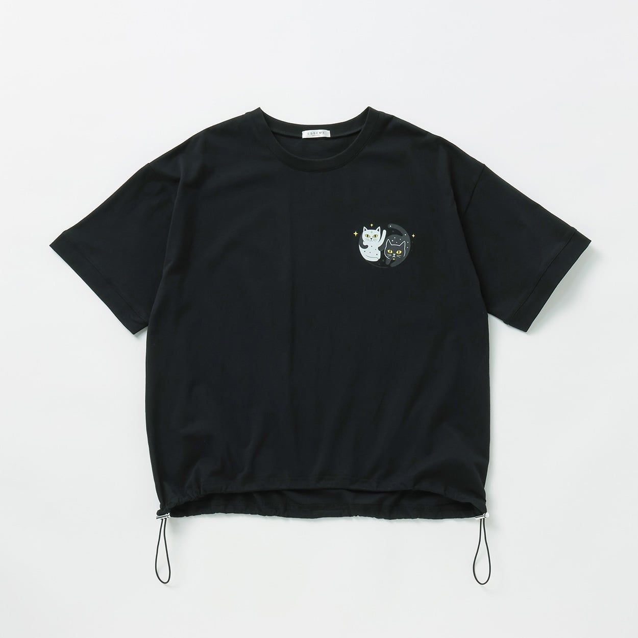 ツインキャッツ裾ドロストTシャツ レディス ESSEME(エシーム) 350015J(クロ-L)
