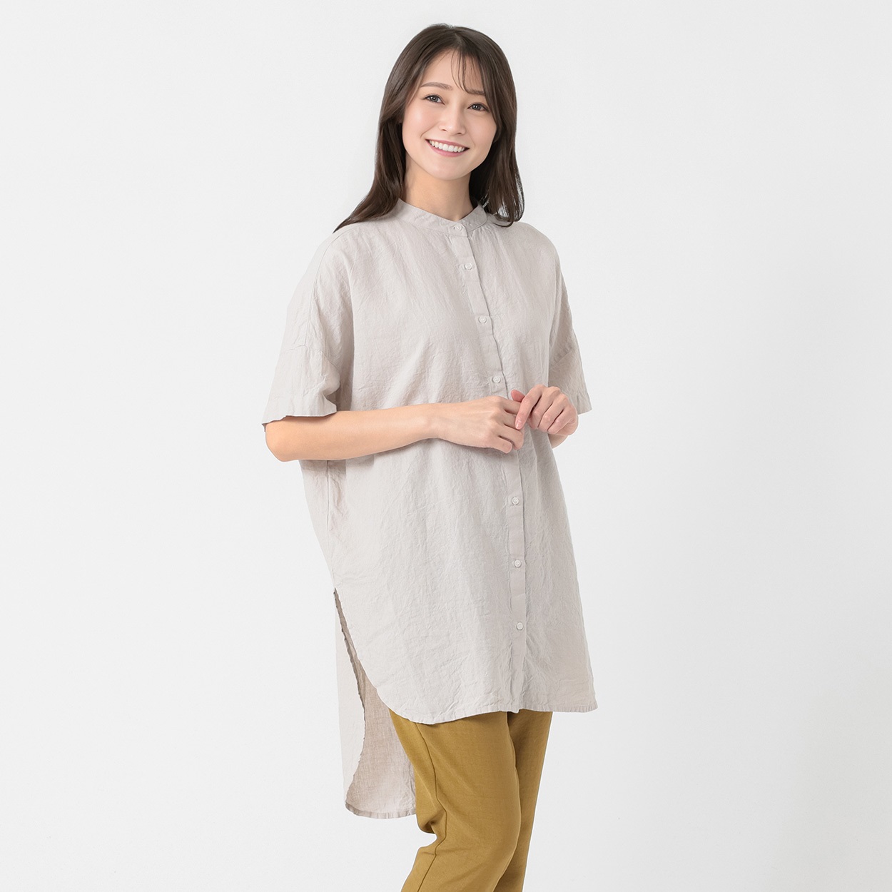 レーヨン麻バンドカラーチュニック レディス ESSEME(エシーム) 71211-6E(ウスクロ-M)