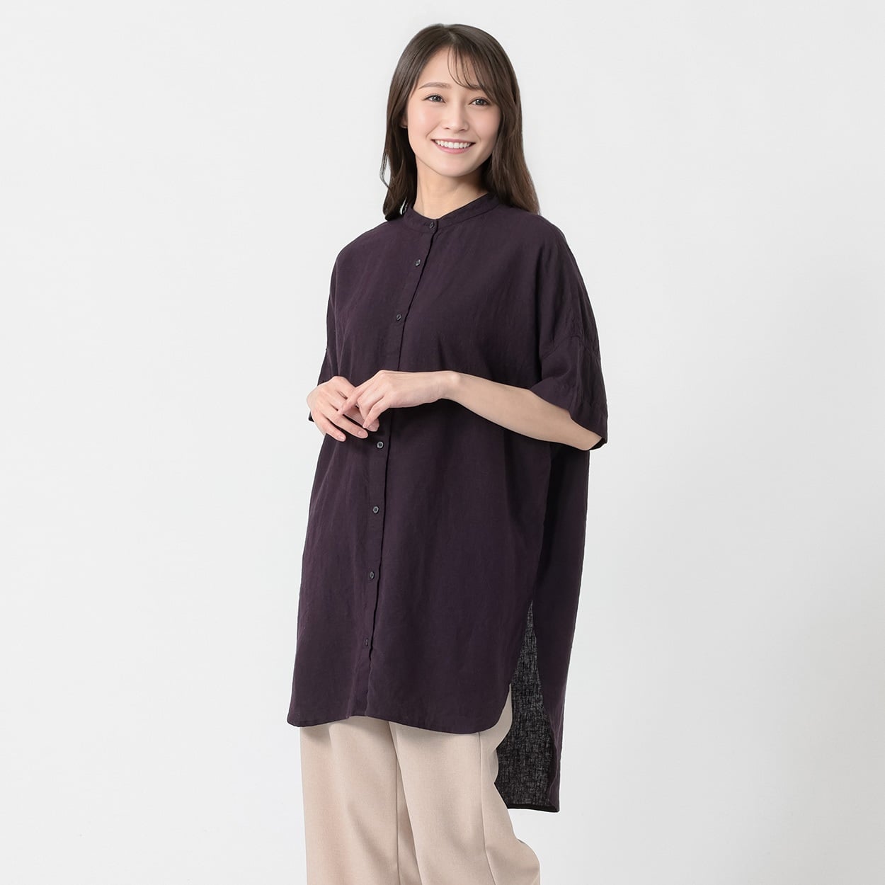 レーヨン麻バンドカラーチュニック レディス ESSEME(エシーム) 71211-6E(コイチャ-L)