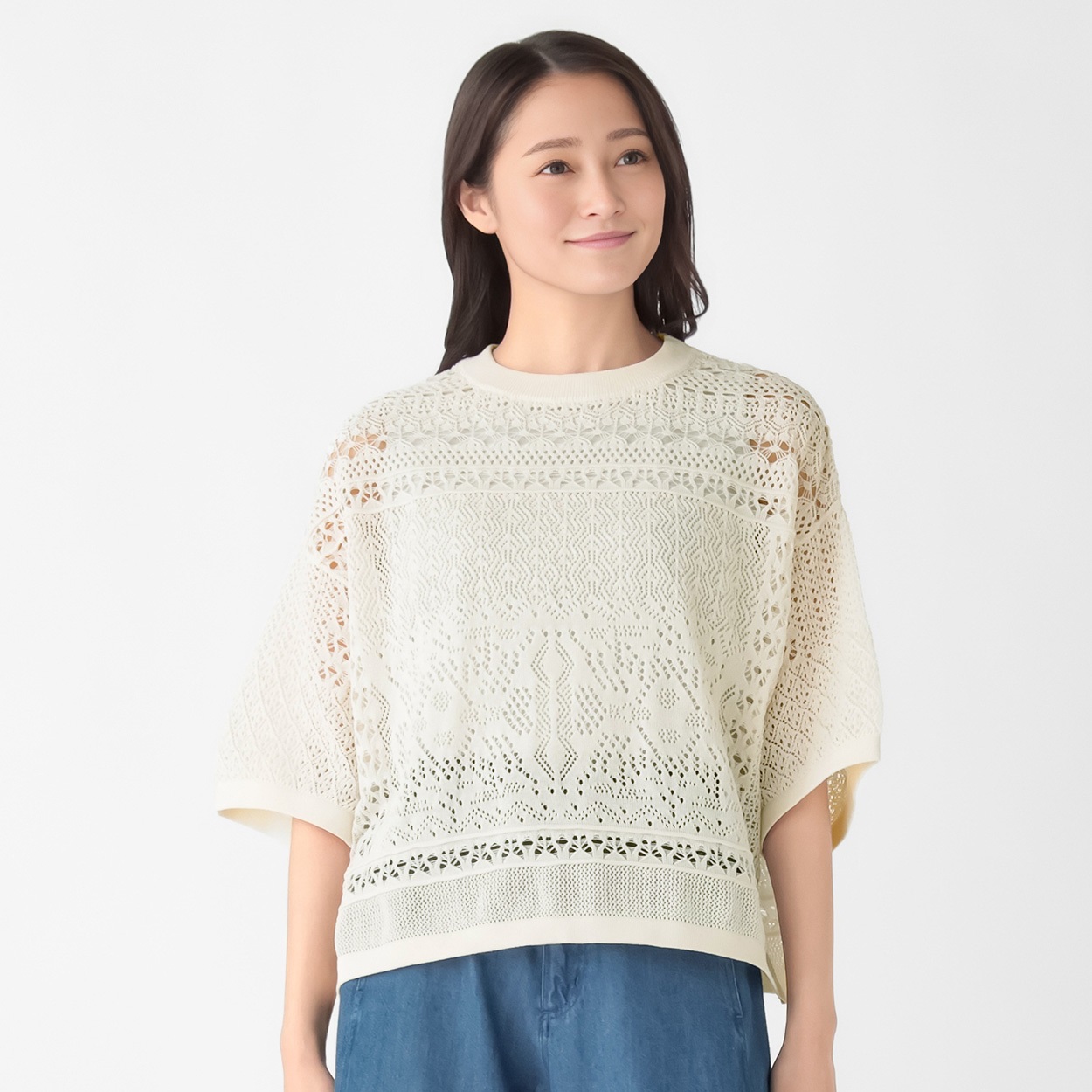 APC オフホワイト　透かし柄編み半袖カットソー ボクシー透かし編みプルオーバー レディス ESSEME(エシーム) 483560