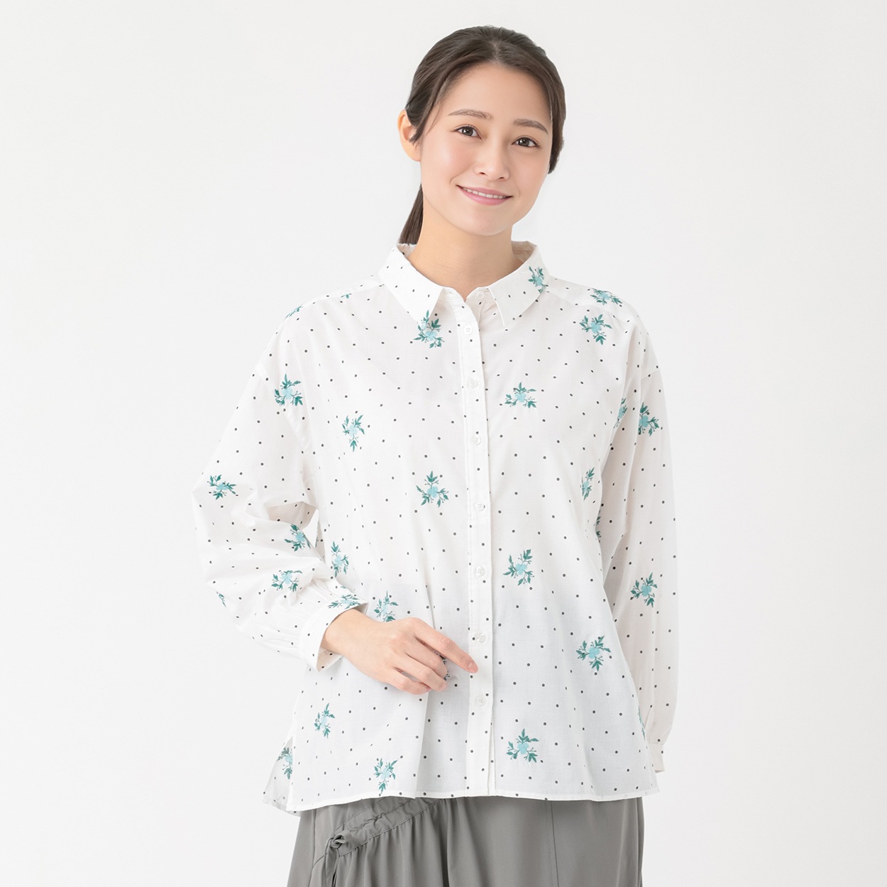 ドットプリントフラワー刺繍シャツ レディス ESSEME(エシーム) II-ES26 