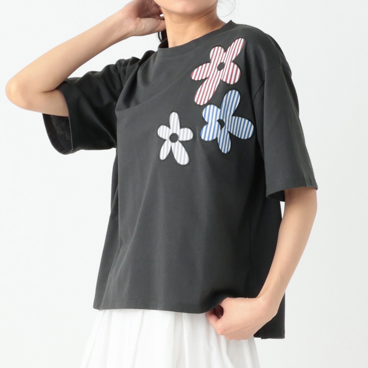 花布帛刺繍ゆるTシャツ レディス Merrish Days(メリッシュデイズ)  DA261HY338(チャコ－ルグレ－-L)