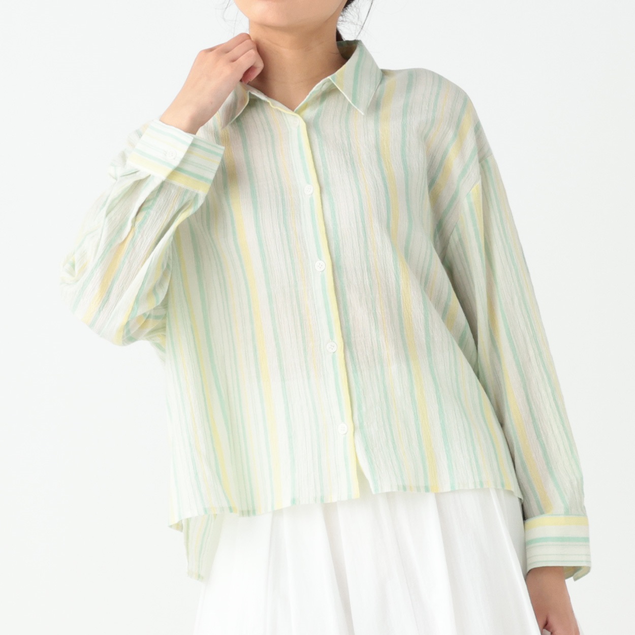 シャーリング先染めカラーシャツ レディス Merrish Days(メリッシュデイズ)  DA261LJ334(Ａミドリ-M)