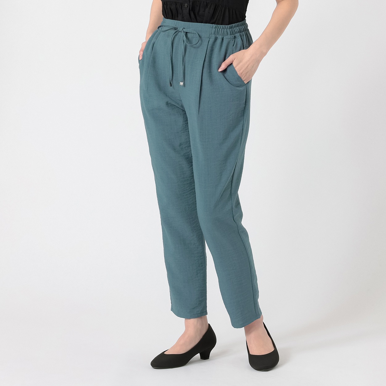麻調ひんやりテーパードパンツ レディス ESSEME(エシーム) 391849(アオ-XL)