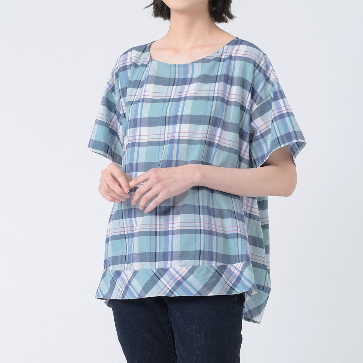 チェックゆるTブラウス レディス Merrish Days(メリッシュ デイズ) 71255-10M(ウスアオ-XL)
