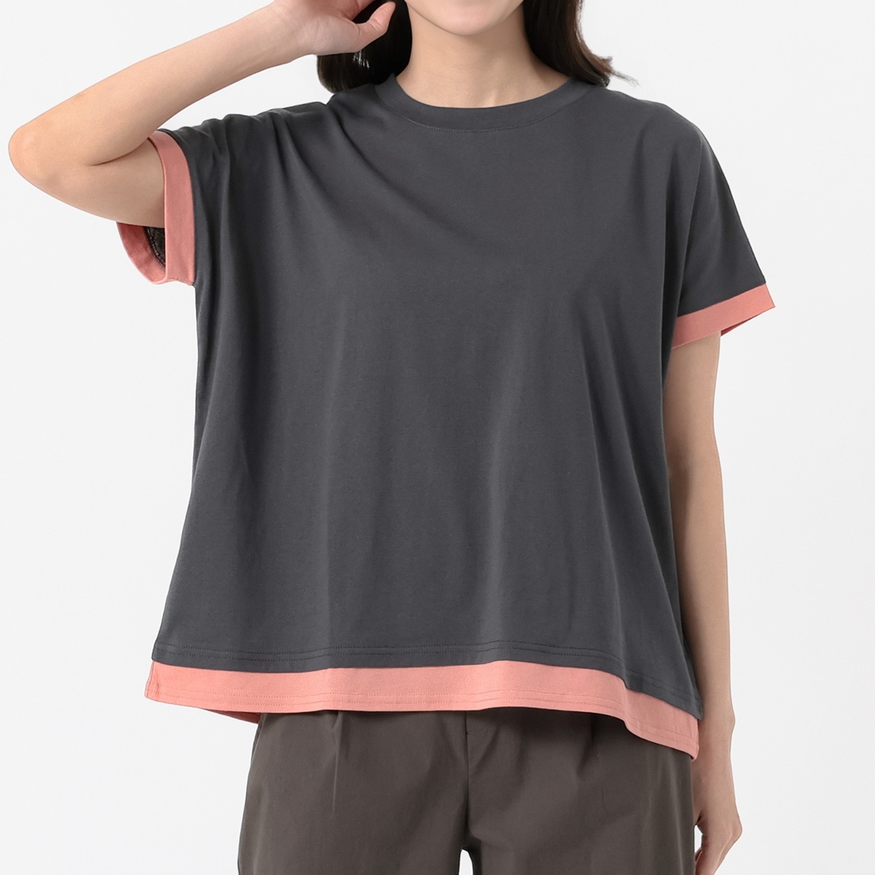 カラー配色Tシャツ レディス Merrish Days(メリッシュ デイズ) DA261HY348(チャコ－ルグレ－-L)
