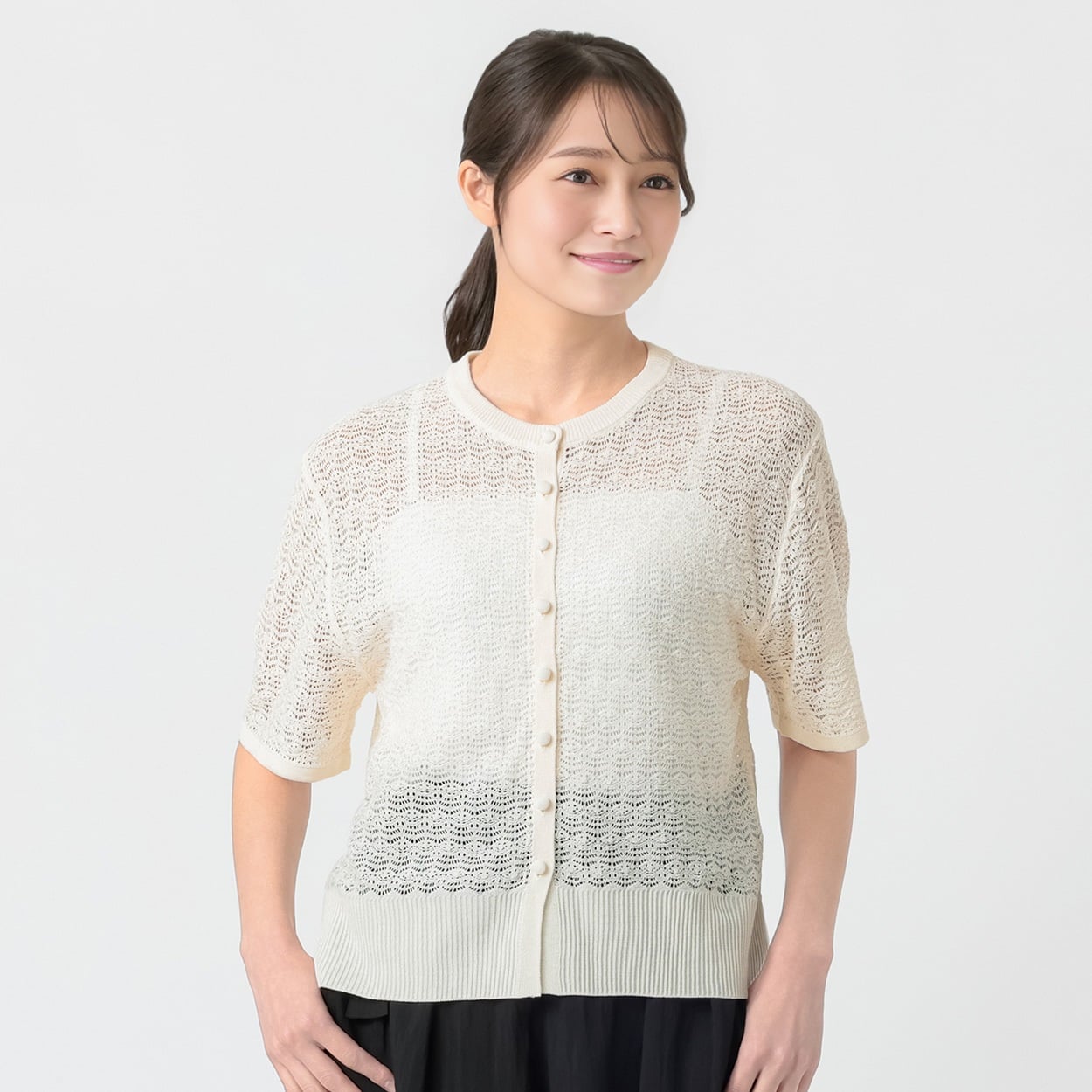 レーシー多ボタンクルーカーディガン レディス ESSEME(エシーム) 483562(アイボリー-L)
