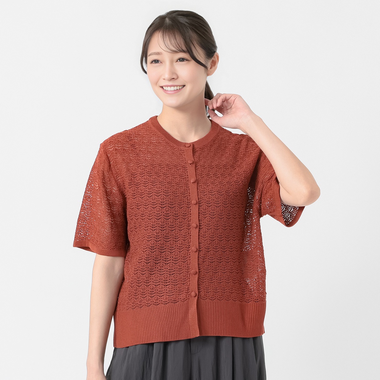レーシー多ボタンクルーカーディガン レディス ESSEME(エシーム) 483562(ダイダイ-M)