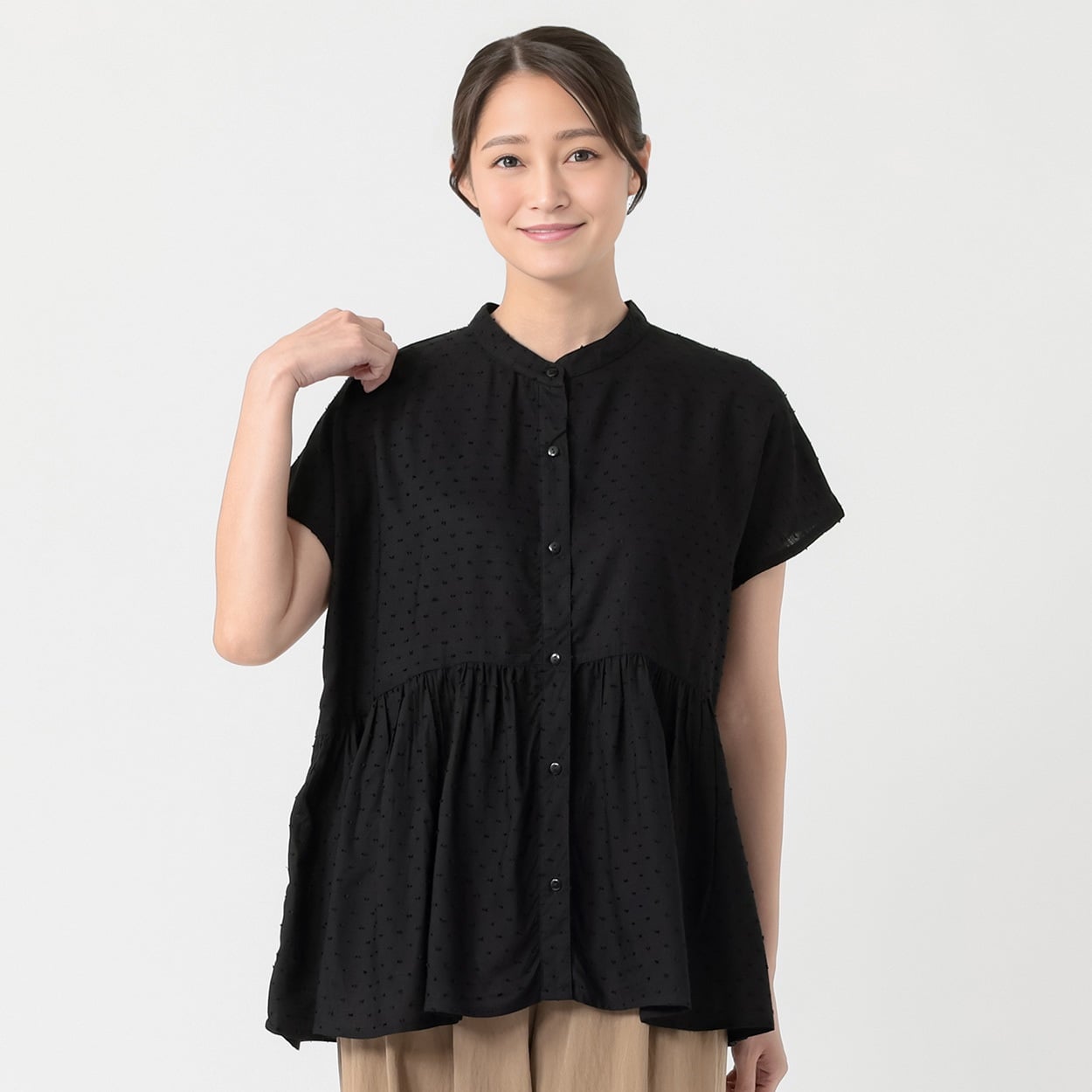 ドットドビーペプラム前開きブラウス レディス ESSEME(エシーム) 588-5642-26(クロ-XL)