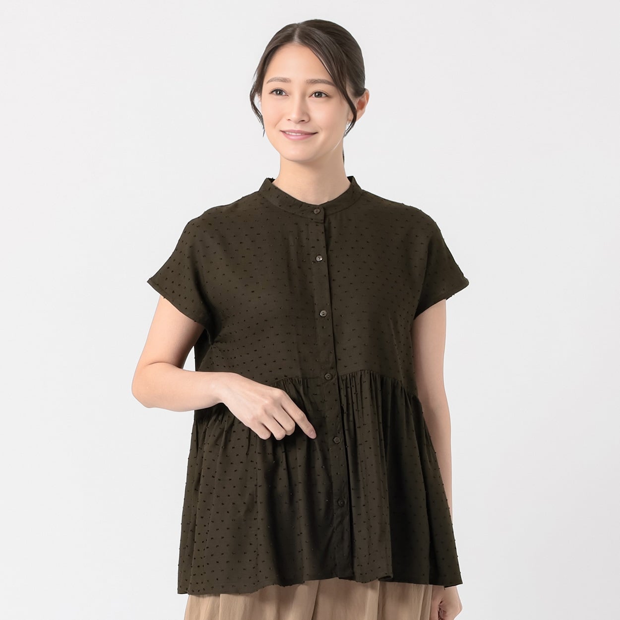 ドットドビーペプラム前開きブラウス レディス ESSEME(エシーム) 588-5642-26(チャ-XL)