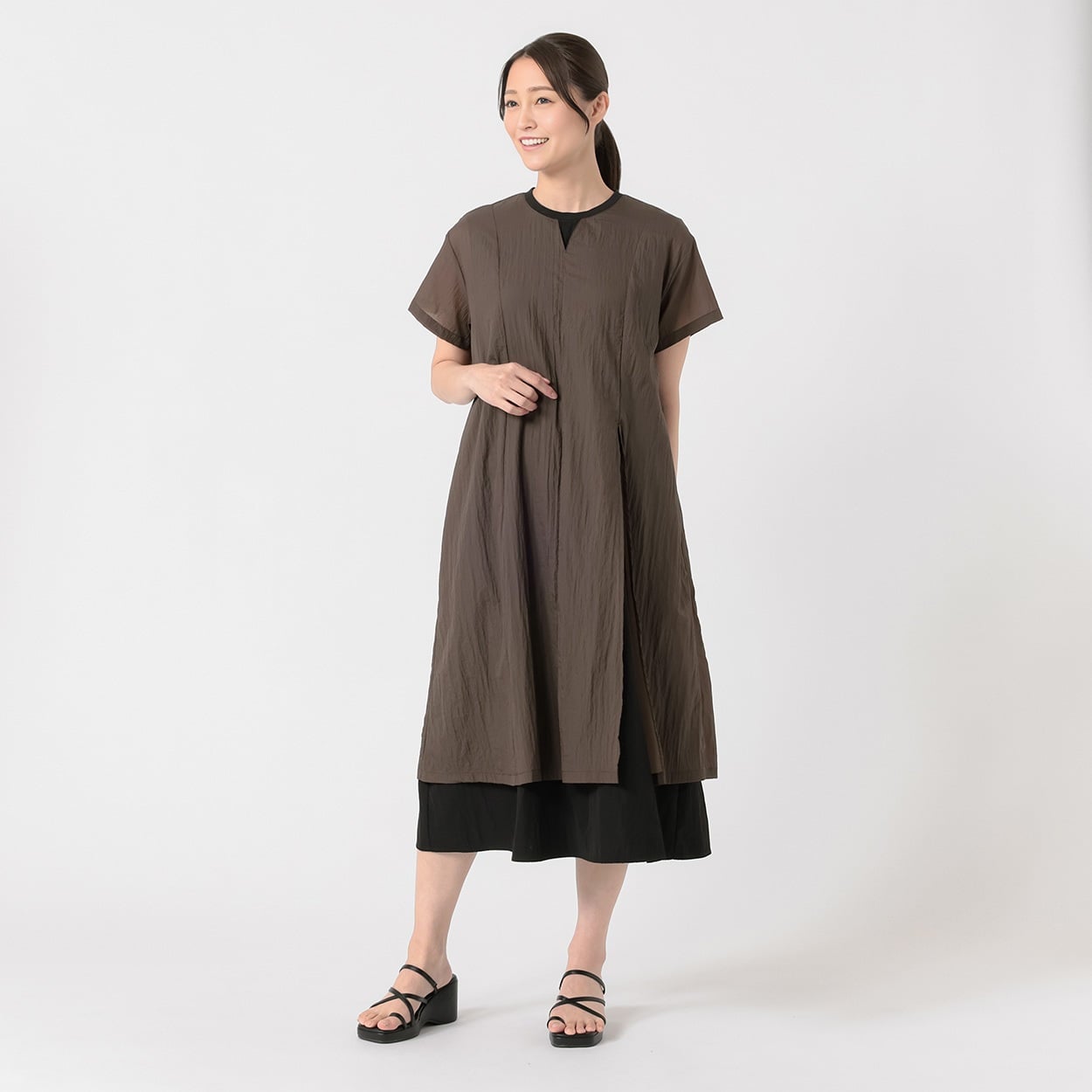 配色シアーワンピース レディス ESSEME(エシーム) 391860-MK(コイチャ-L)