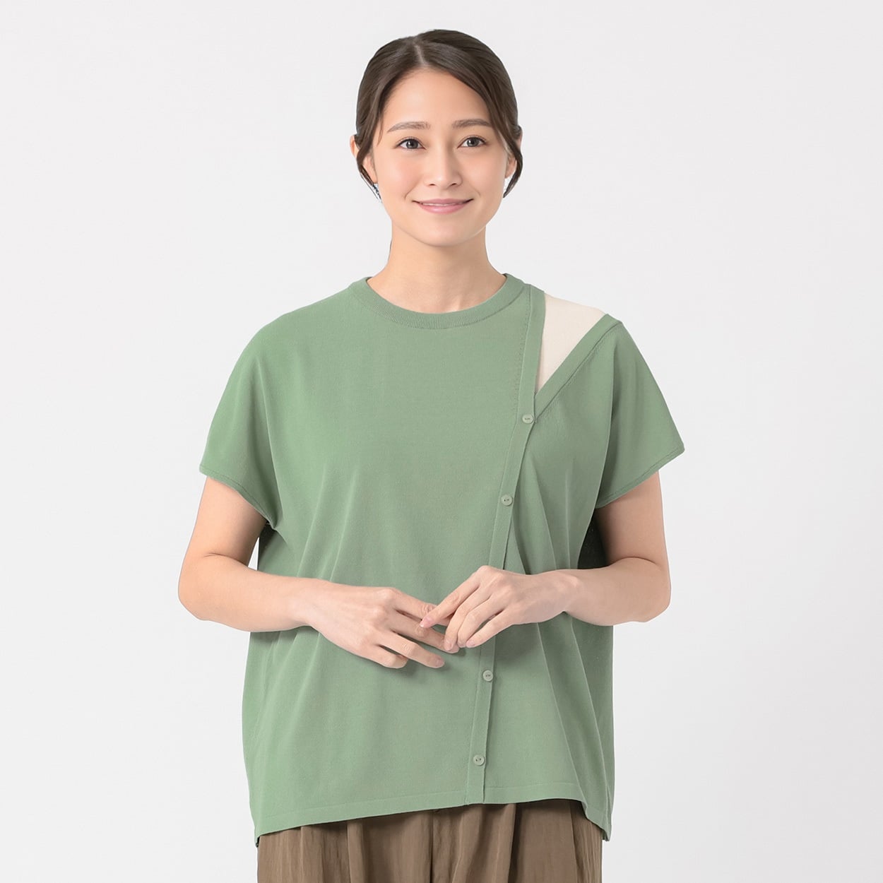 配色カットワークアシメニット レディス ESSEME(エシーム) 691553(ウスミドリ-M)
