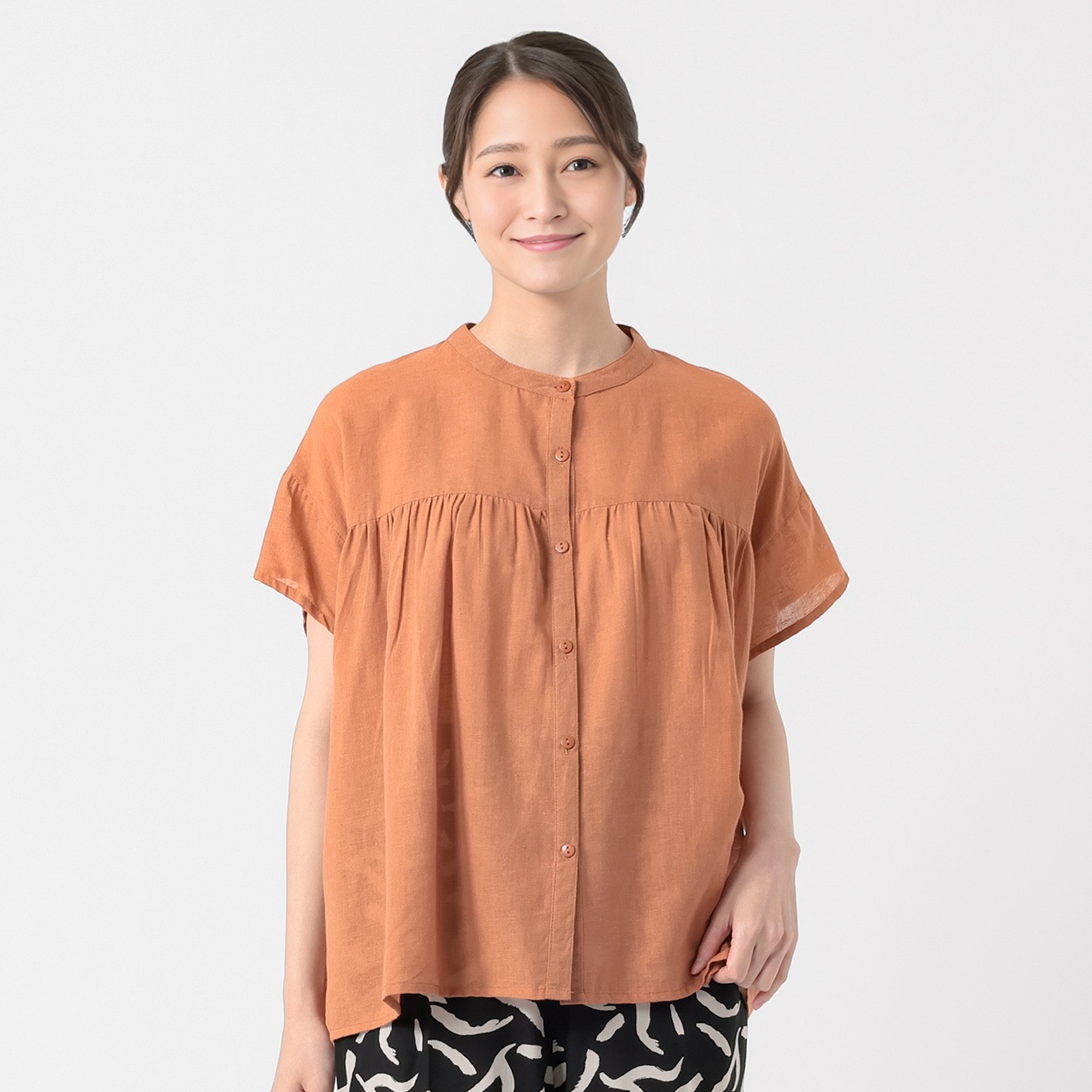 綿麻切替ギャザーシャツ レディス ESSEME(エシーム) 588-6640-26(チャ-M)
