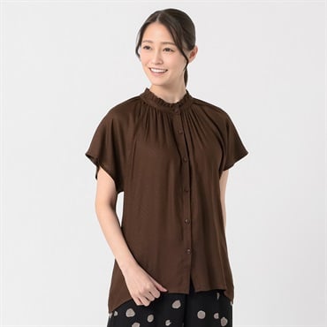チェックドビーフリルネックブラウス レディス ESSEME(エシーム) 588-6641-26(チャ-M)