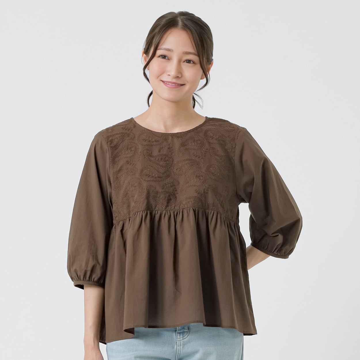 刺繍切替Tブラウス レディス ESSEME(エシーム) 1266211(ブラウン-M)