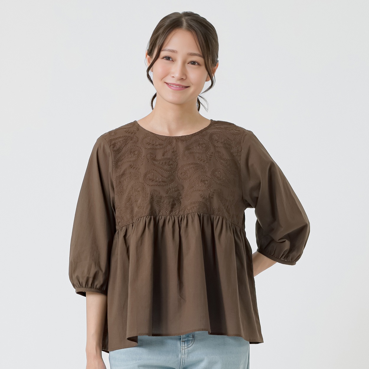 刺繍切替Tブラウス レディス ESSEME(エシーム) 1266211(ブラウン-XL)