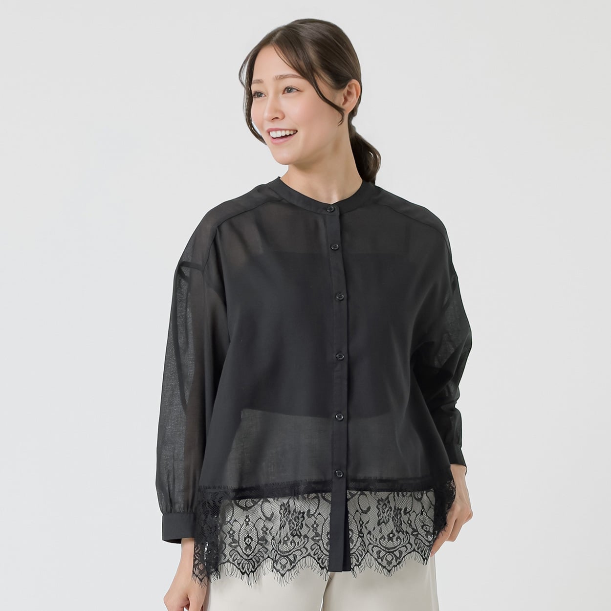 裾レースブラウス レディス ESSEME(エシーム)(クロ-L)