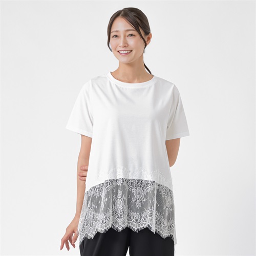 裾レース5分袖カットソー レディス ESSEME(エシーム) AE262HY374J(シロ-M)