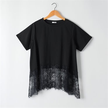 裾レース5分袖カットソー レディス ESSEME(エシーム) AE262HY374J(クロ-M)