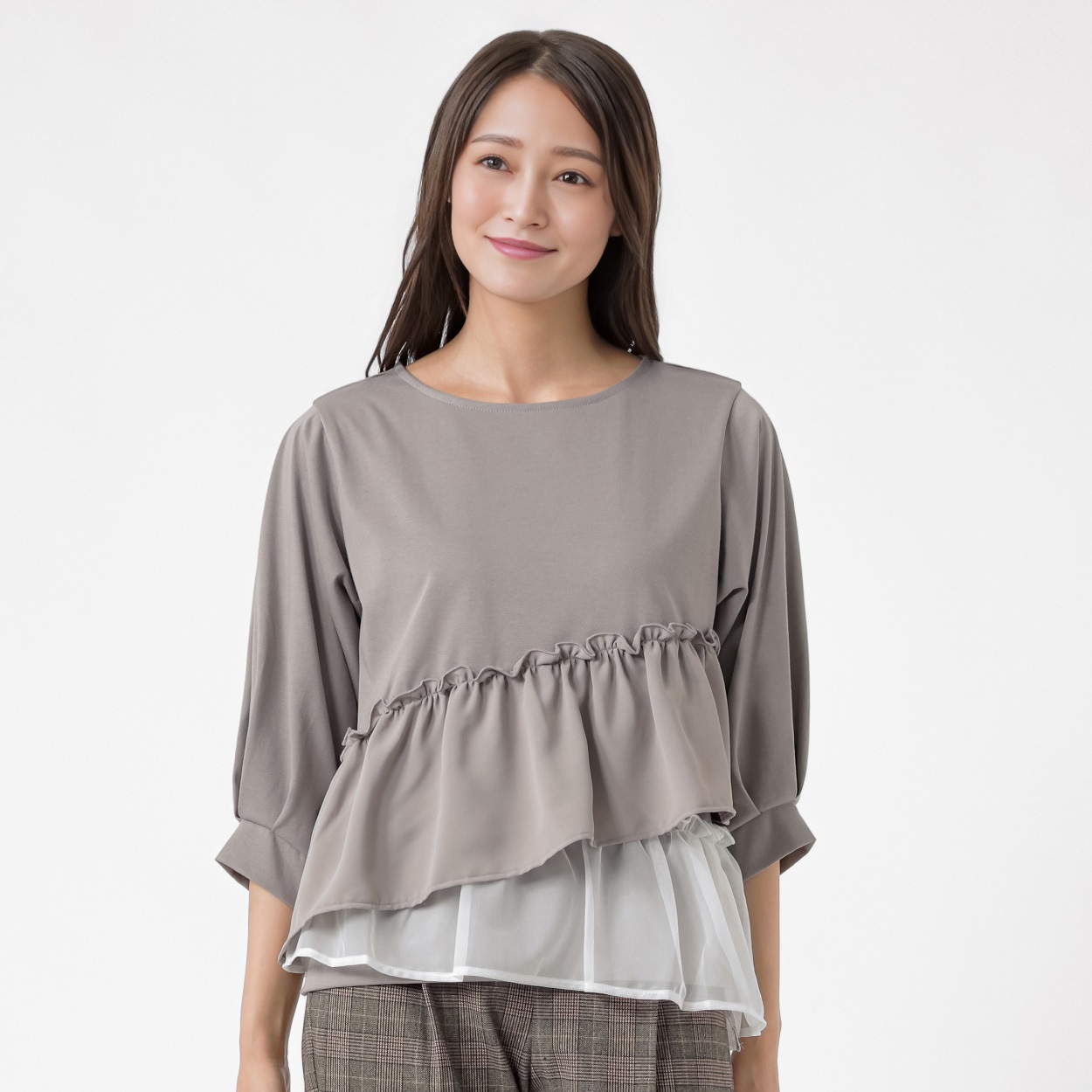 フリル7分袖カットソー レディス ESSEME(エシーム) AE262HY375J(チャコ－ルグレ－-XL)