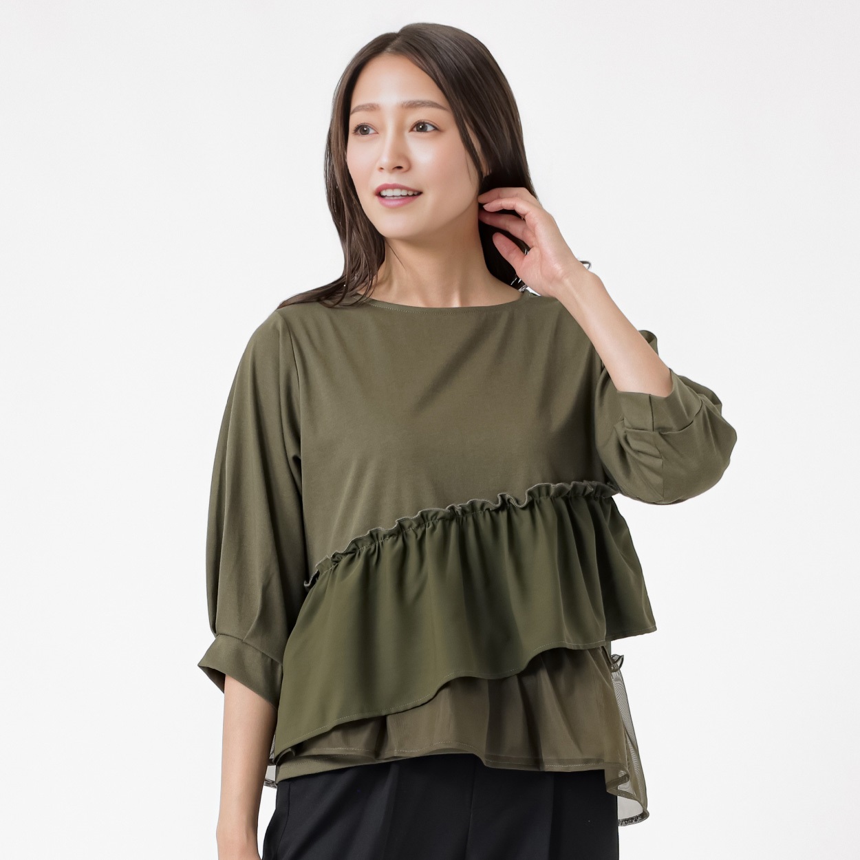 フリル7分袖カットソー レディス ESSEME(エシーム) AE262HY375J(ミドリ-XL)