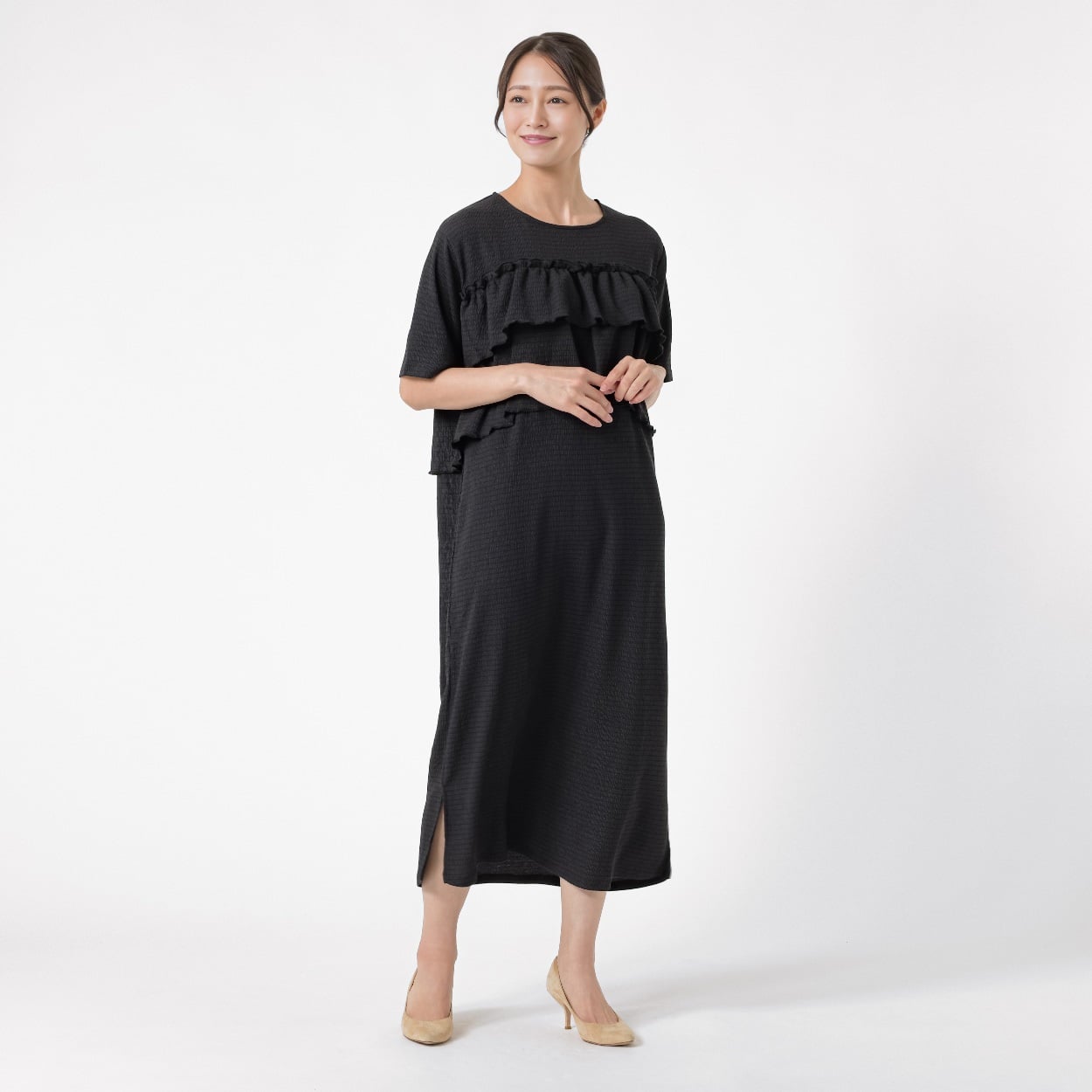 胸ギャザー切替ワンピース レディス ESSEME(エシーム) AE262HY378J(クロ-XL)
