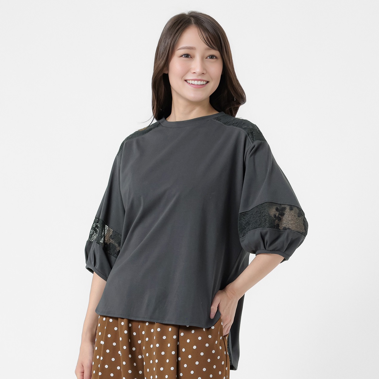 ７分袖3D刺繍切替プルオーバー レディス ESSEME(エシーム) 363169-CPN(チャコ－ルグレ－-M)