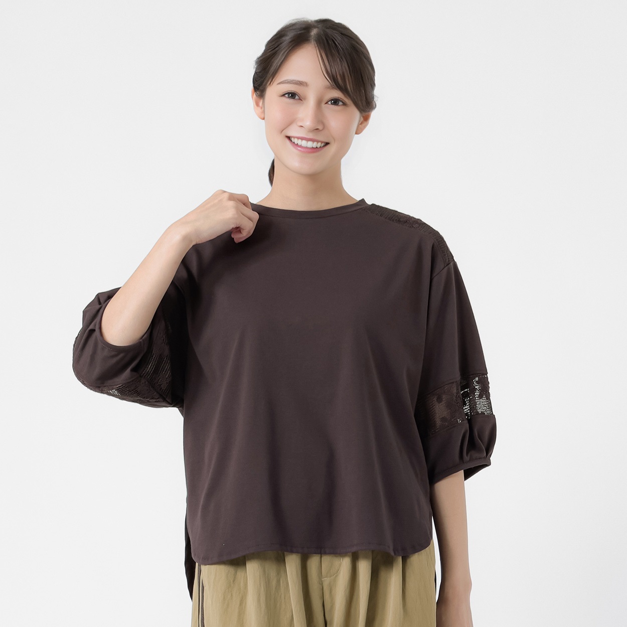 ７分袖3D刺繍切替プルオーバー レディス ESSEME(エシーム) 363169-CPN(ブラウン-L)