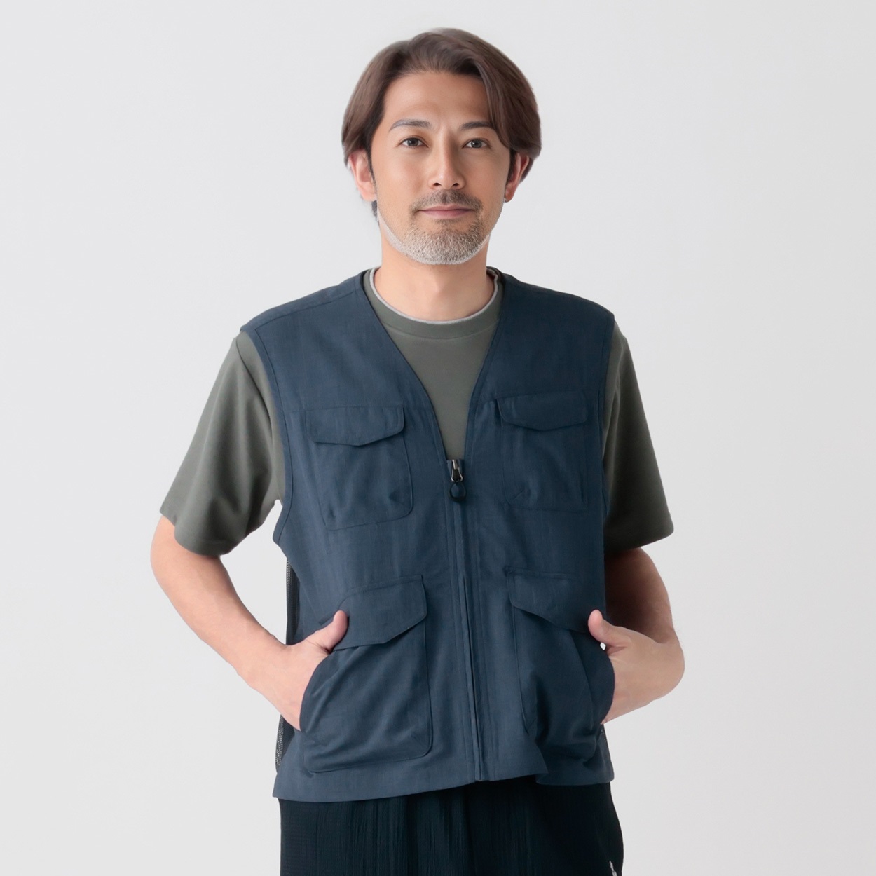 麻調メッシュ切り替えベスト メンズ 粋楽陽(きらび)(Ａアオ-XL)