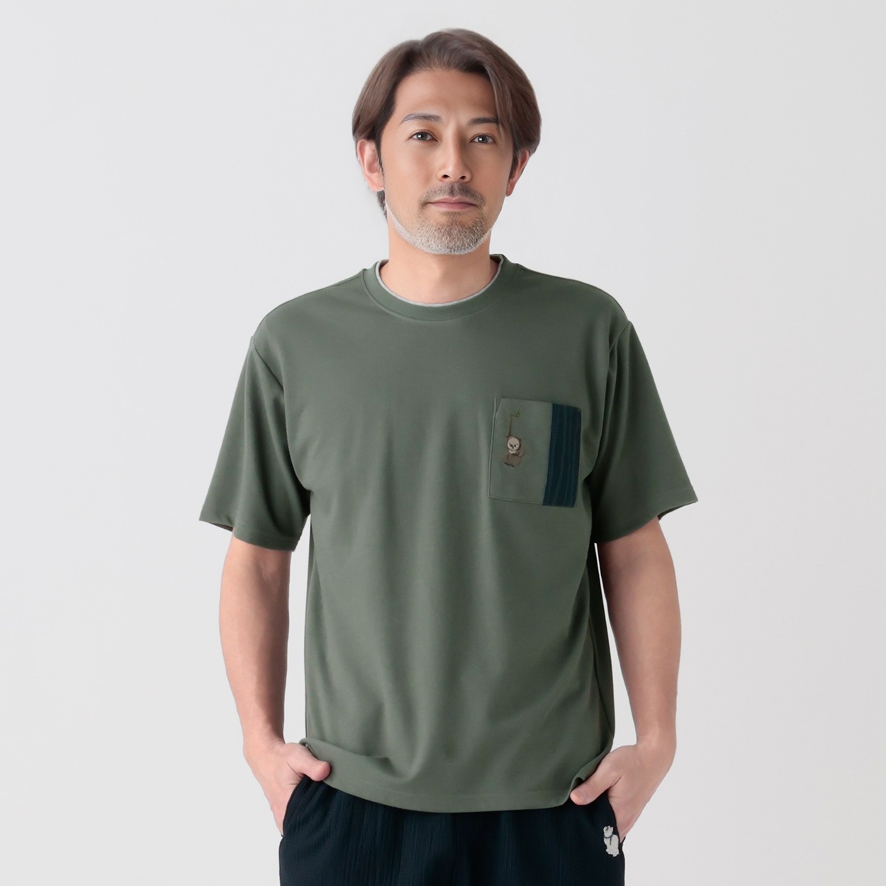 北斎アニマルズ刺繍入りレイヤードクルーTシャツ メンズ(コイミドリ-XL)