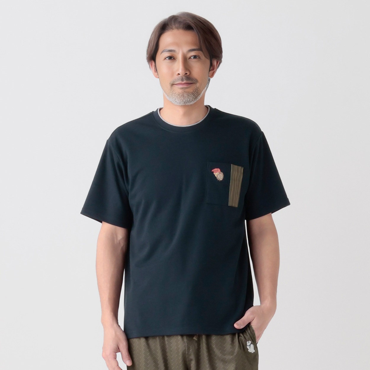 北斎アニマルズ刺繍入りレイヤードクルーTシャツ メンズ(コイアオ-M)