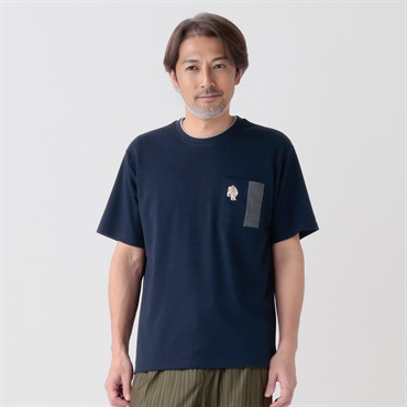 北斎アニマルズ刺繍入りレイヤードクルーTシャツ メンズ(Ａコイアオ-M)