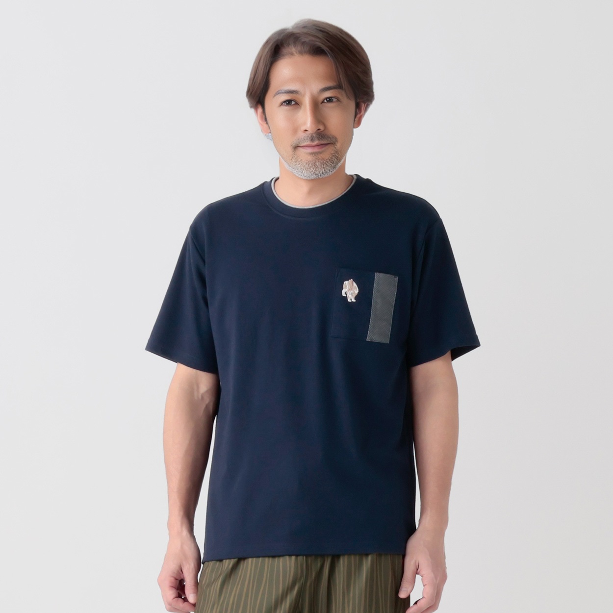 北斎アニマルズ刺繍入りレイヤードクルーTシャツ メンズ(Ａコイアオ-L)