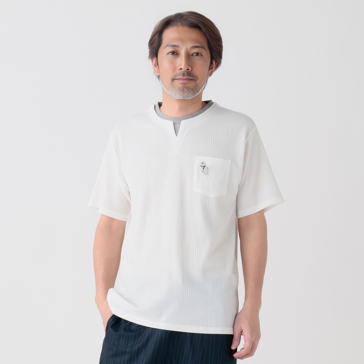 北斎アニマルズ刺繍入りジャガードレイヤードTシャツ メンズ(ウスチャ-L)