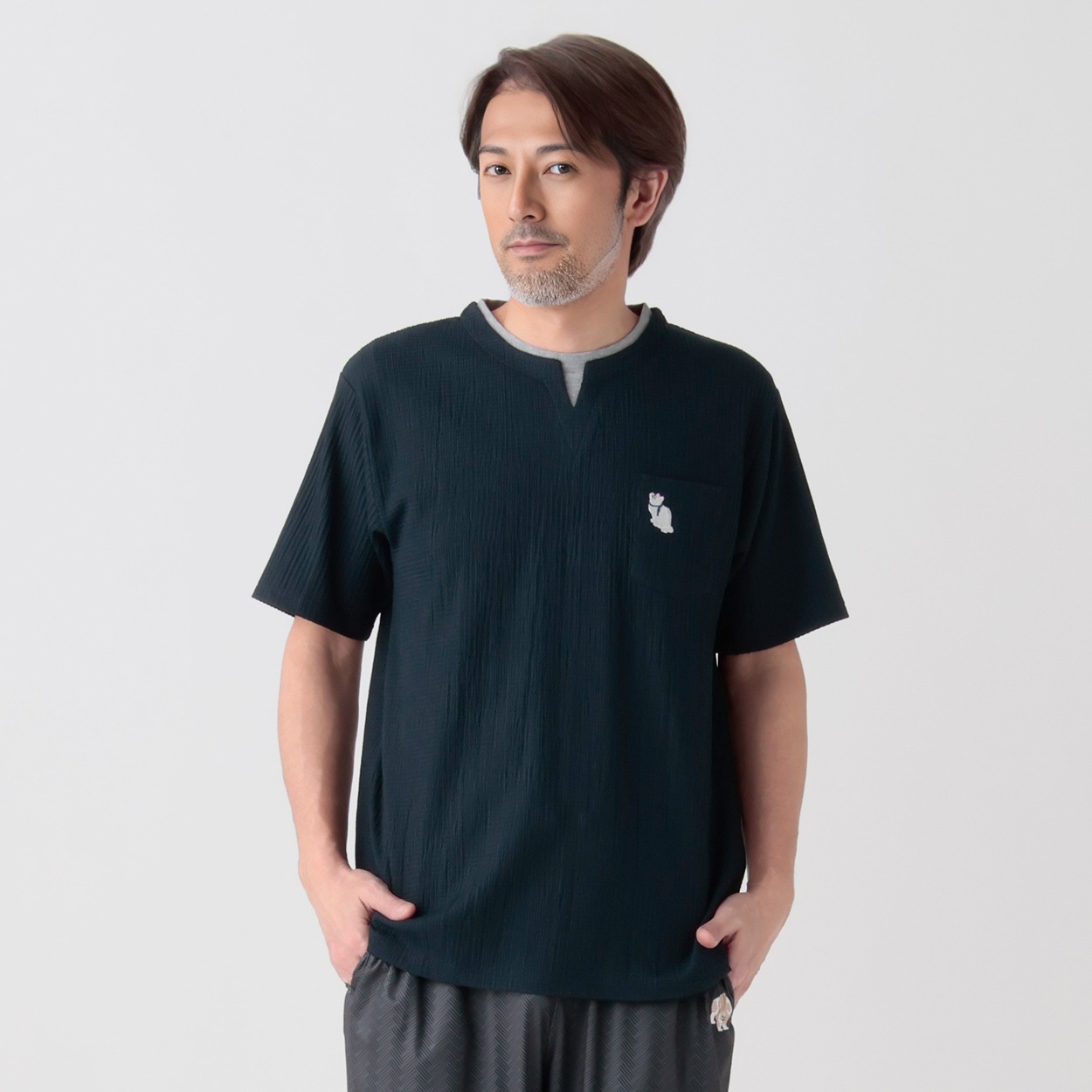北斎アニマルズ刺繍入りジャガードレイヤードTシャツ メンズ(コイアオ-XL)