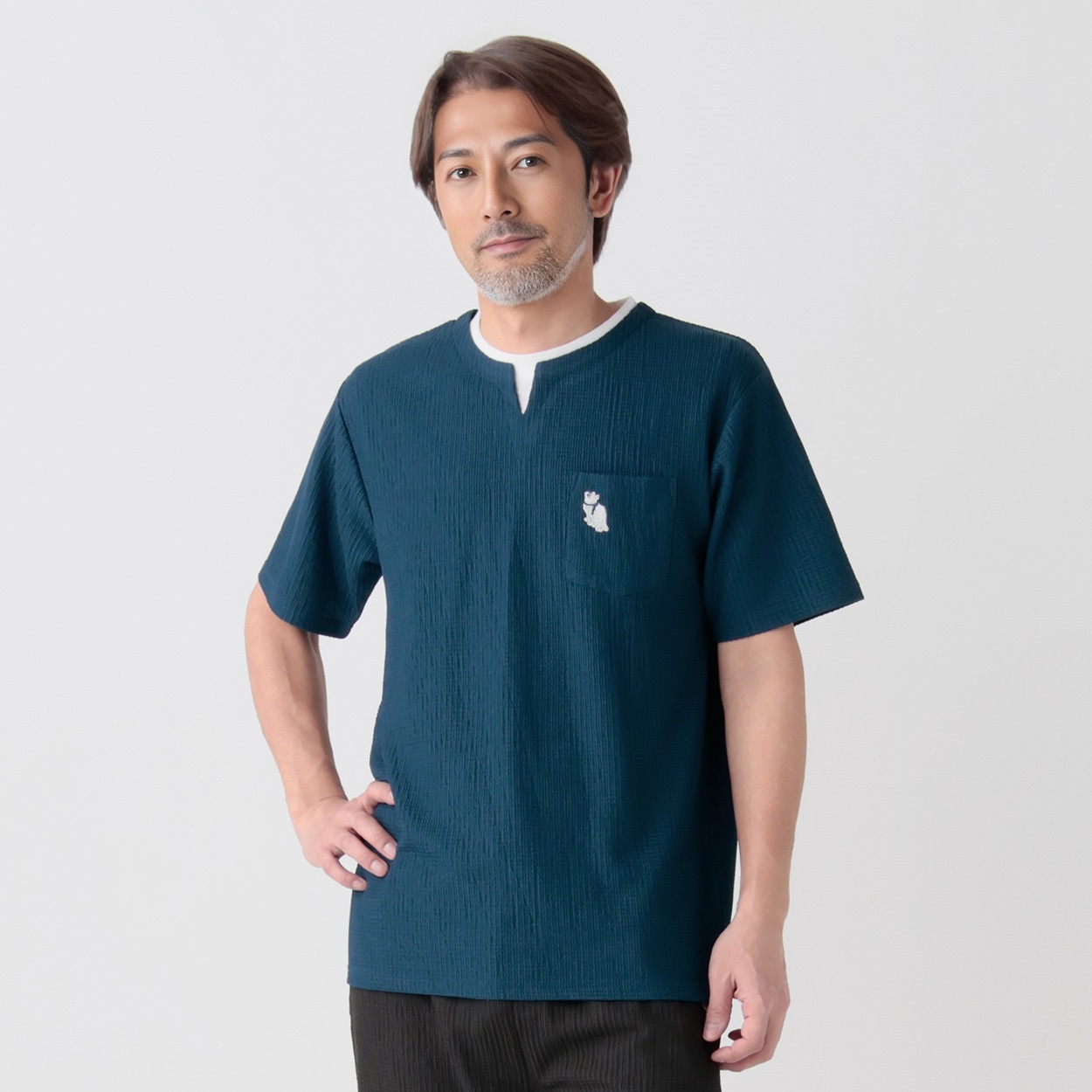 北斎アニマルズ刺繍入りジャガードレイヤードTシャツ メンズ(Ａアオ-XL)
