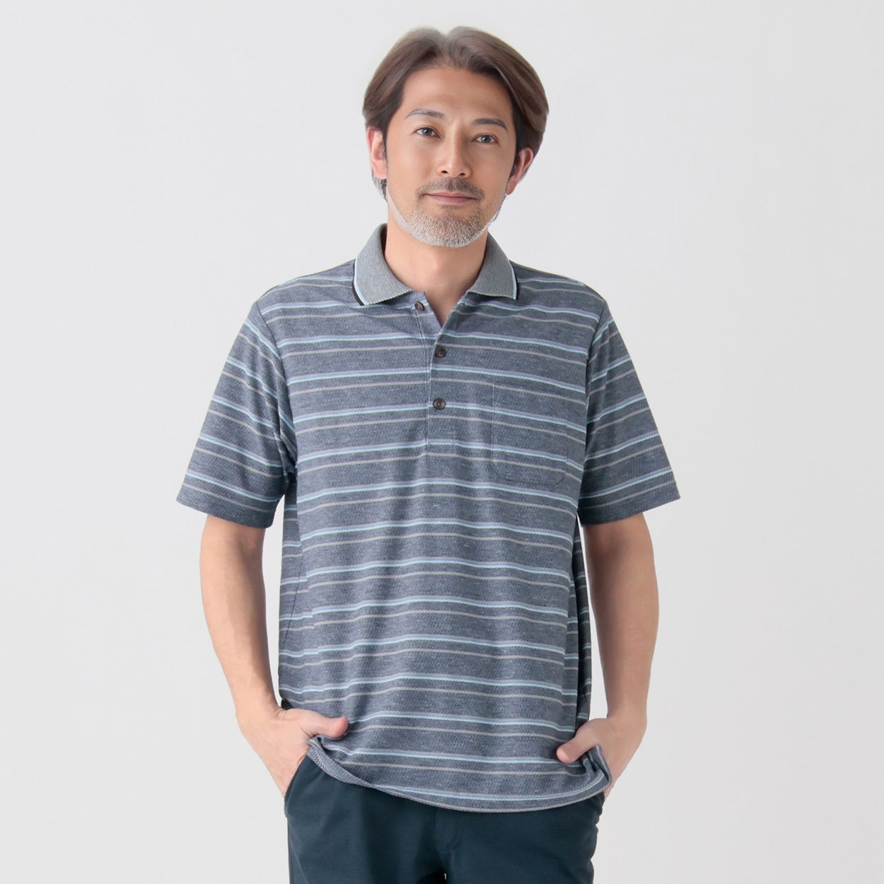 【ネイビー（40）】アニマル柄衿コンビ使い半袖ポロ 追加生産予約】衿付きレイヤード風半袖ポロニット | FREE'S MART