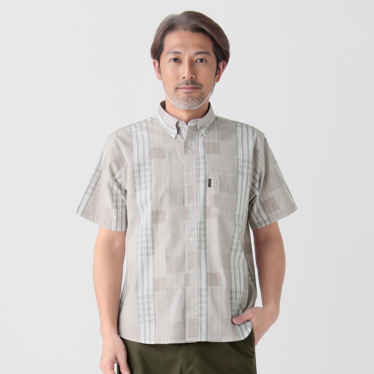TOROY デザイン半袖シャツ メンズ(アイボリー-XL)