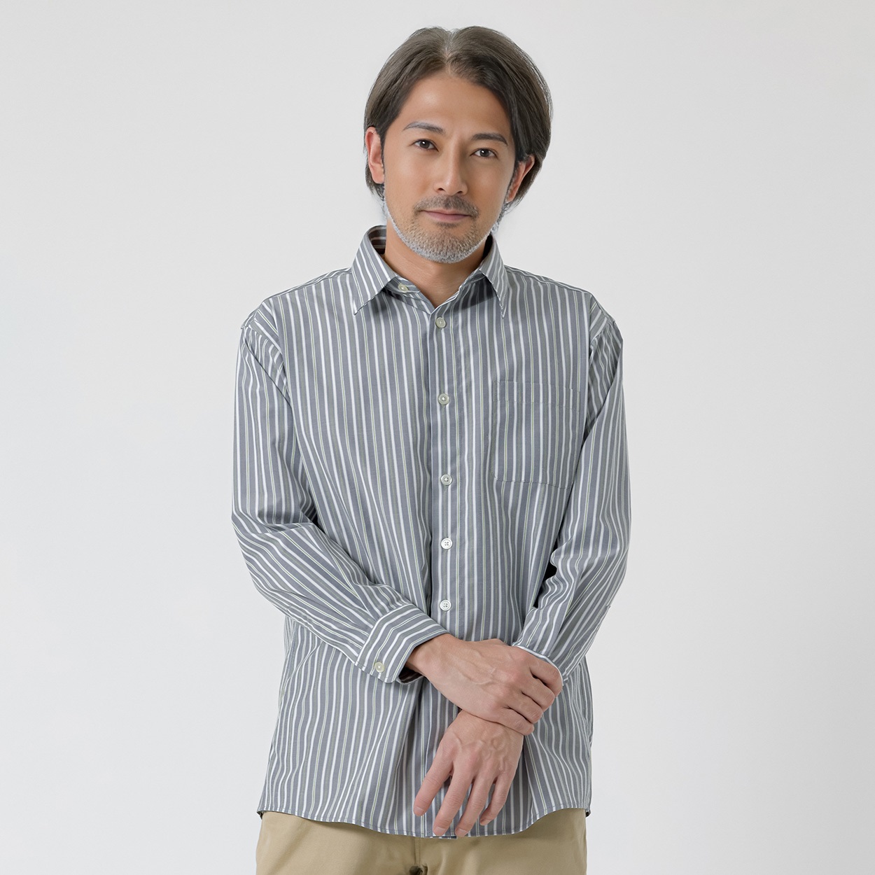 快適設計ドビー長袖シャツ メンズ 粋楽陽(きらび)(チャコ－ルグレ－-M)