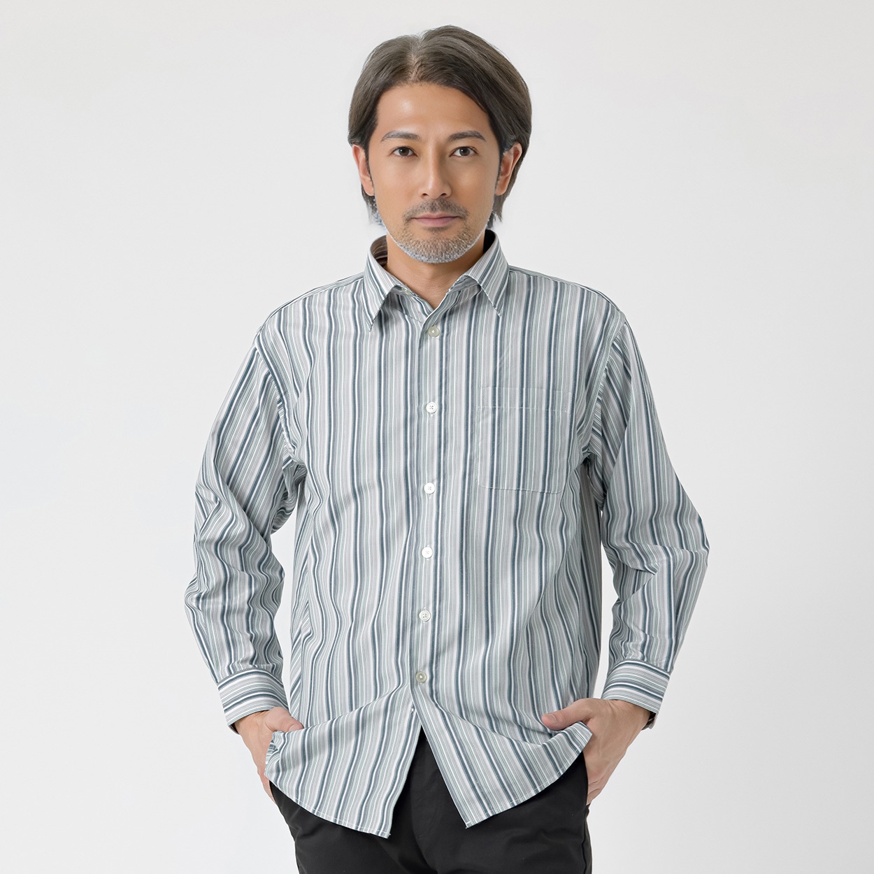 快適設計ドビー長袖シャツ メンズ 粋楽陽(きらび)(アオ-M)