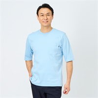 快適設計 コットンクルーネック 半袖Tシャツ メンズ(ウスアオ-M)