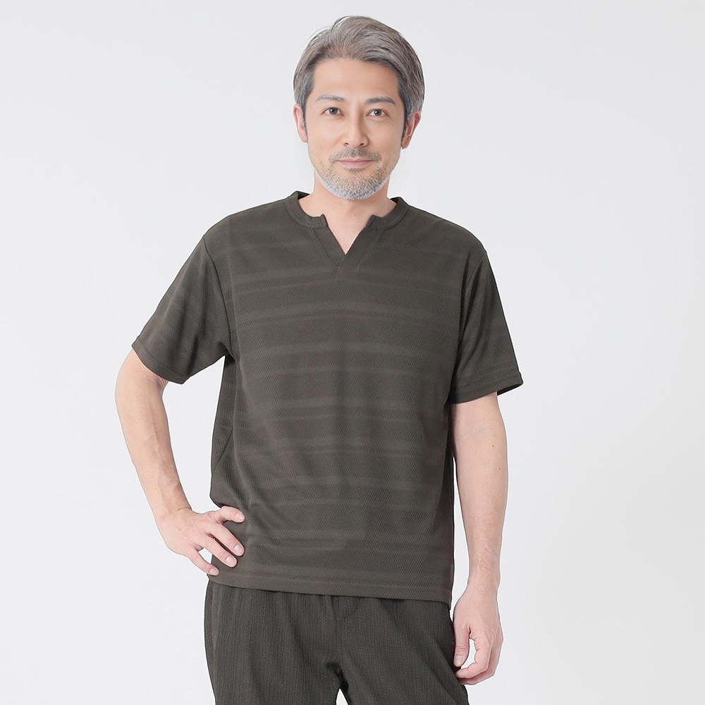 北斎 メッシュボーダースキッパーTシャツ メンズ(コイミドリ-L)