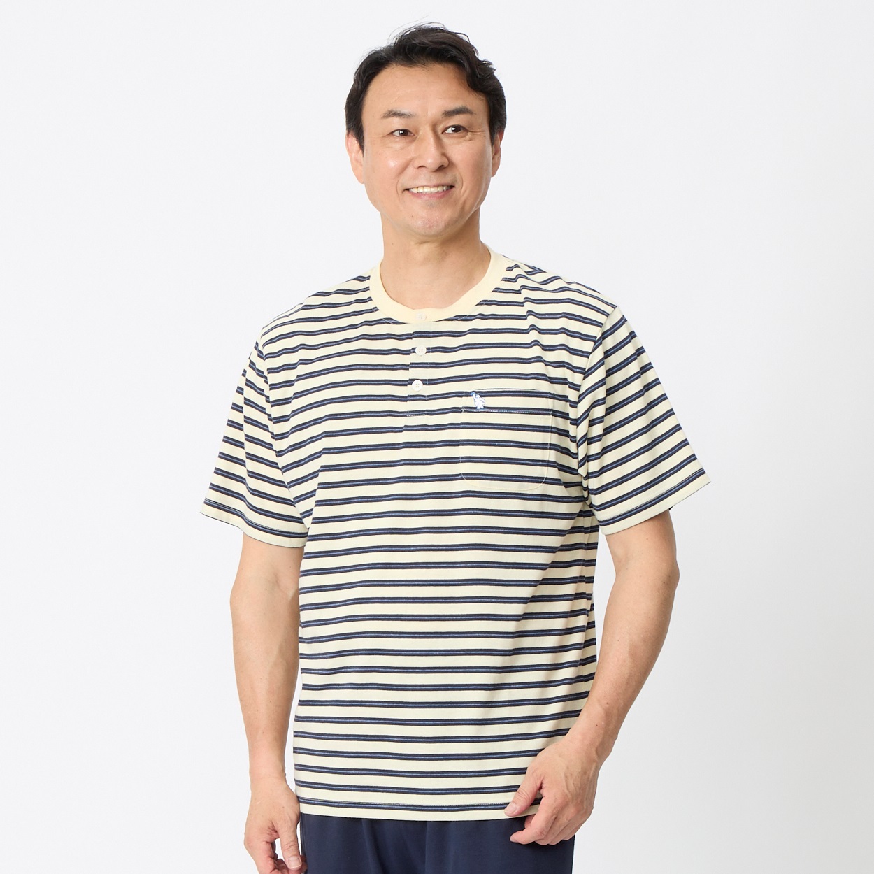 ヒヤロン ボーダーヘンリーTシャツ メンズ(キイロ-XL)