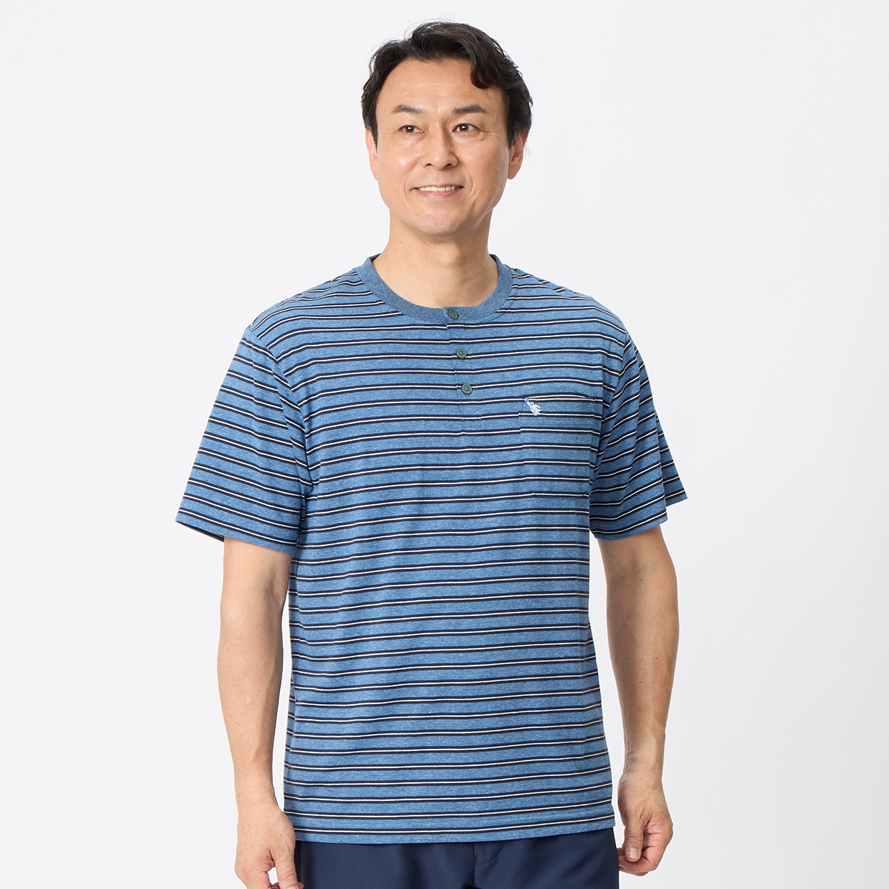 ヒヤロン ボーダーヘンリーTシャツ メンズ(アオ-L)